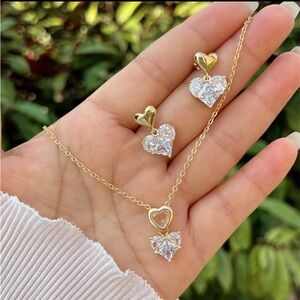 Gold Heart Pendant Necklace and Earrings Set